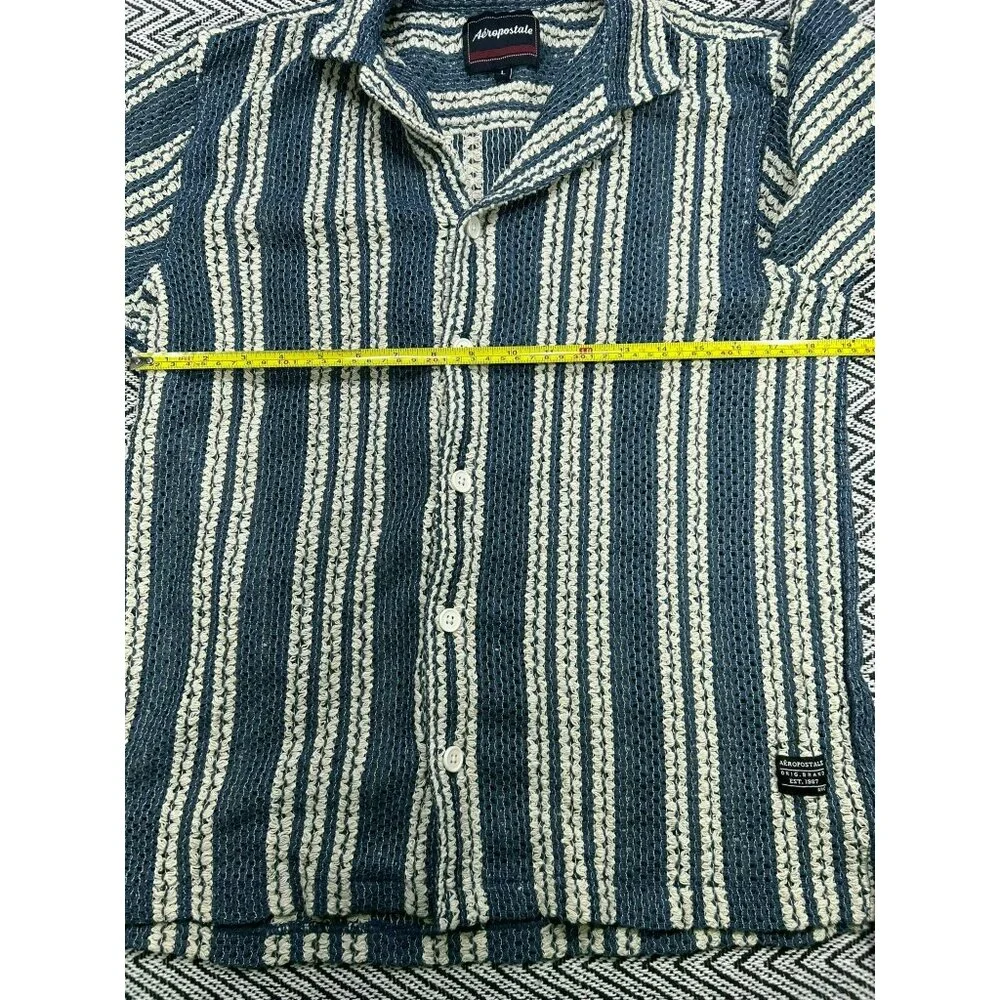 Aeropostale Men's Striped Button-Up Shirt L Blue White Textured Knit Casual Top - Picture 5 of 6